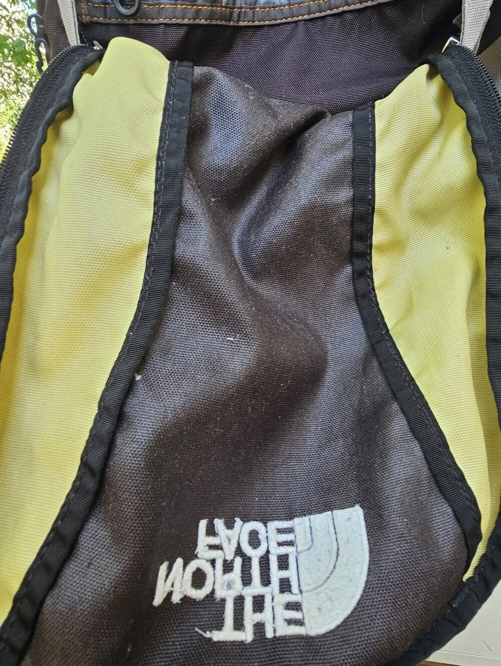 North Face Vault Backpack Brown Lime Green Embroidered Hiking Laptop Flaw Stains